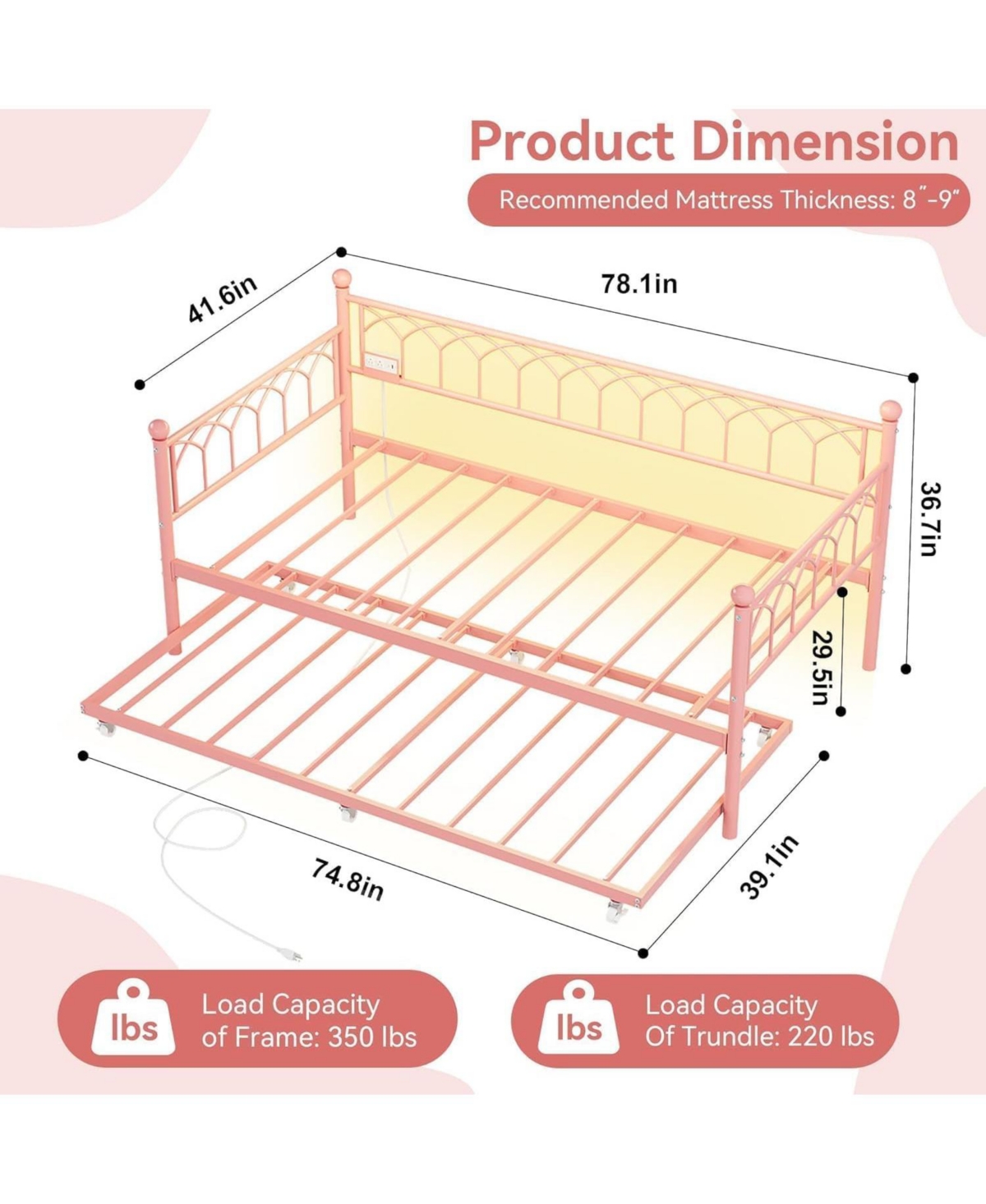 gaomon Twin Daybed with Trundle, Metal Trundle Bed with Charging Station & Led Lights