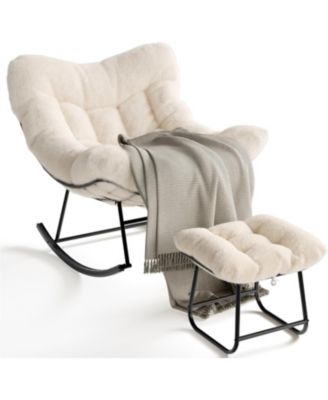 Oversized Outdoor Papasan Rocking Chair with Ottoman, Weather-Resistant Rattan Egg Rocker Metal Frame