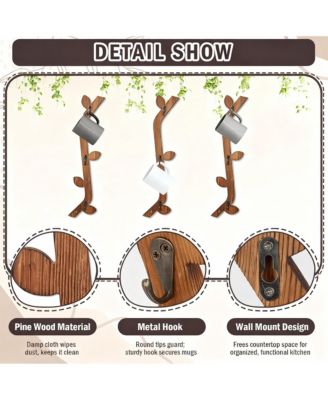 Wood Coffee Mug Wall Rack Set of 3, 9 Hooks, Space-Saving, Rustic Pine