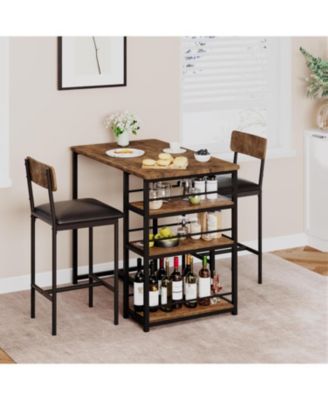 3Pcs Dining Table Set for 2, Kitchen Table and Chairs for 2 with 3 Storage Shelves, Pu Cushion Chairs & Thick Wood Top, 3Pcs Dining Table Set