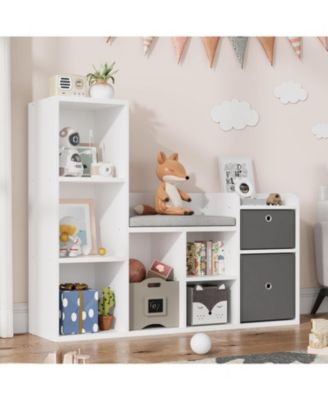 Kids Bookshelf with Reading Nook – White Wooden Toy Storage Organizer, 6-Cubby Storage Bench with Seat Cushion and 2 Drawers