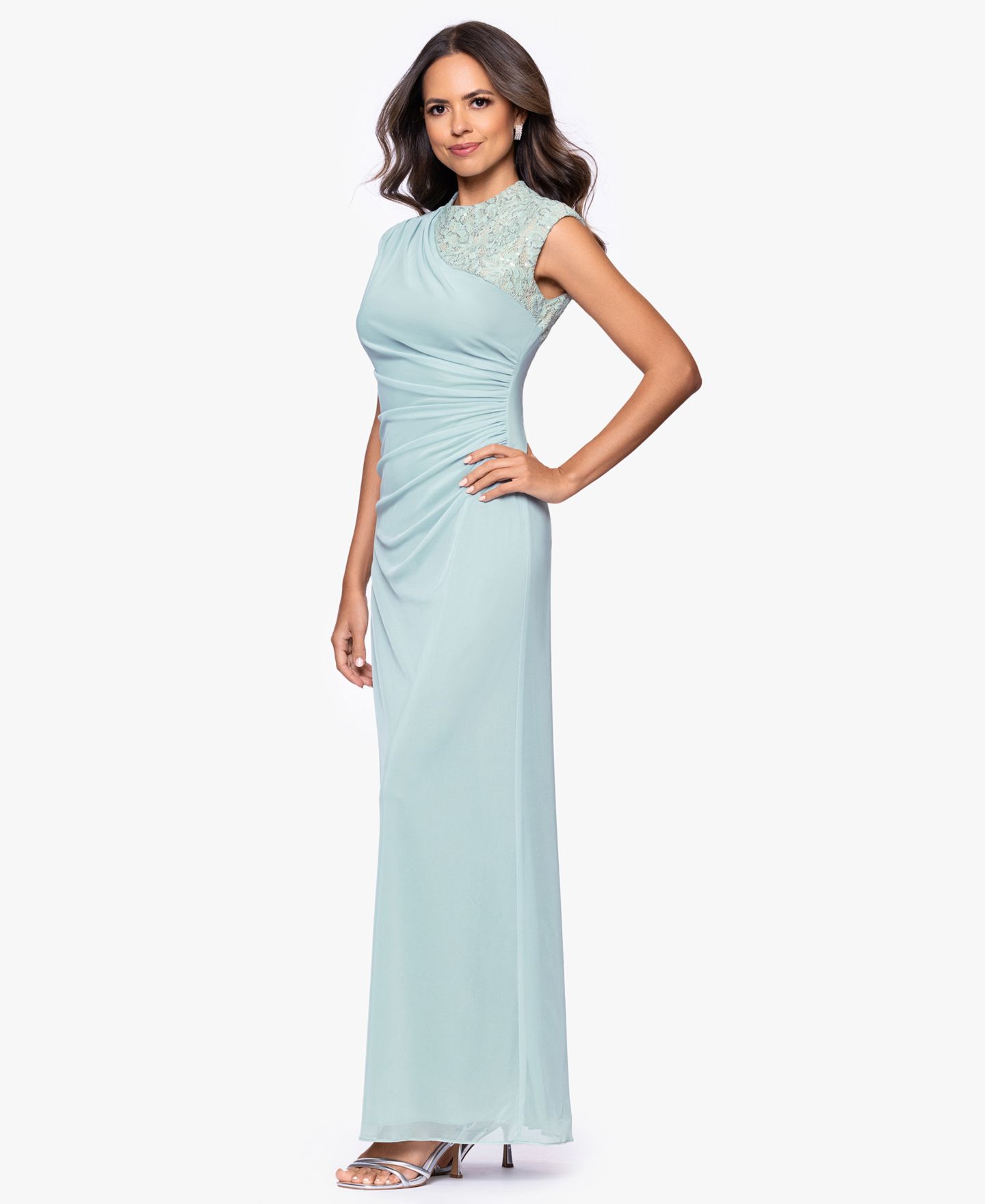 Женское платье B&A By Betsy and Adam Petite Lace Trim Ruched Sleeveless Gown, цвет: Шалфейный телесный — фото 3