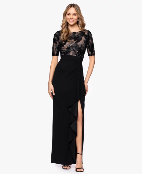 Petite Mixed Media Ruffle Ball Gown Dress - Black Nude