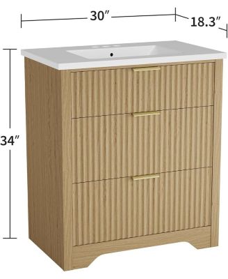 30 Inch Fluted Bathroom Vanity with Sink, Farmhouse Freestanding Cabinet with 2 Drawers and Flip Down Storage, Easy Assembly