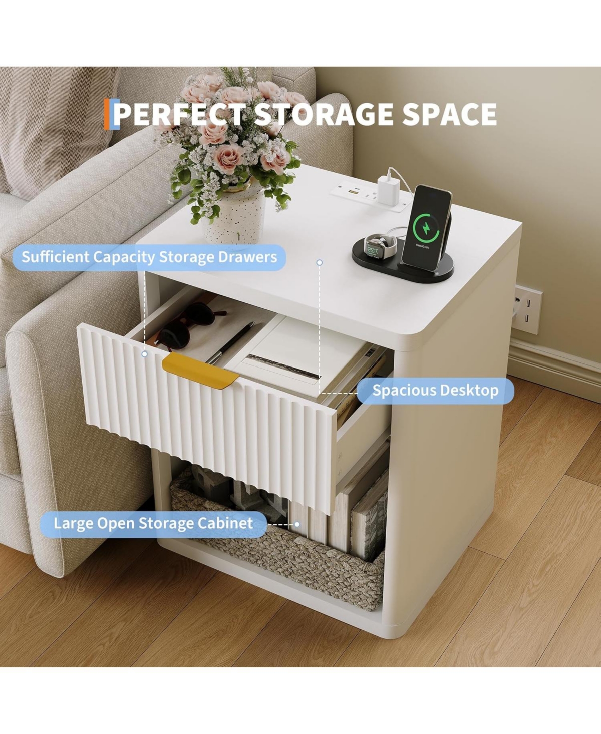 gaomon Fluted Nightstand with Charging Station, Bedside Table with Drawers and Open Storage Space, 2PCS