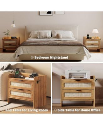 Rattan Bedside Table Nightstand, 2 Drawer, 1 Pcs Bedside Cabinet, Bedroom Organizer and Storage Cabinet