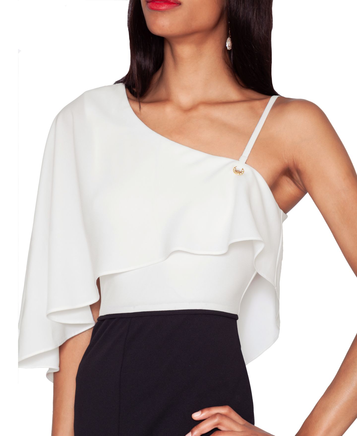 Женский комбинезон WHITE TIE by Shani One-Shoulder Cape Jumpsuit, цвет: Чёрный / Слоновая кость — фото 2