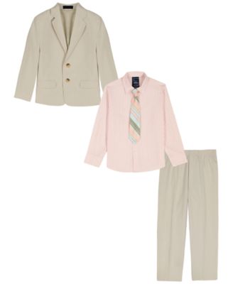 Boys' 2T-7 Khaki Linen Notch Collar Suit Jacket, Pants, Long-Sleeve Stripe Shirt & Plaid Necktie, 4-Piece Set