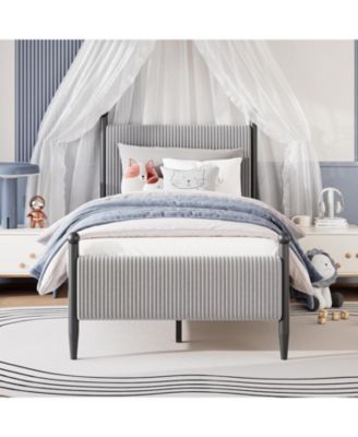 Twin Upholstered Bed Frame with Velvet Headboard, Corduroy Platform, No Box Spring