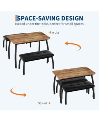 3-Piece Retro Dining Set Space-Saving Table and 2 Upholstered Benches for 4 Chamfer Design Metal Frame Kitchen Furniture for Apartments Studios