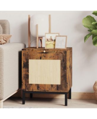 Rattan Nightstand - 188" End Table with Rattan Door Accent End Table with Storage and Metal Legs Wood Side Table for Bedroom Living
