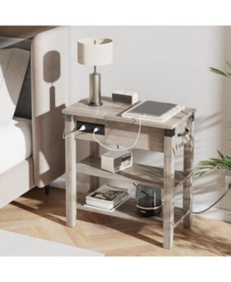 End Table with USB Ports and Outlets, Flip Top Side Table Narrow Bedside Table with Drawer and Storage Shelves for Living Room