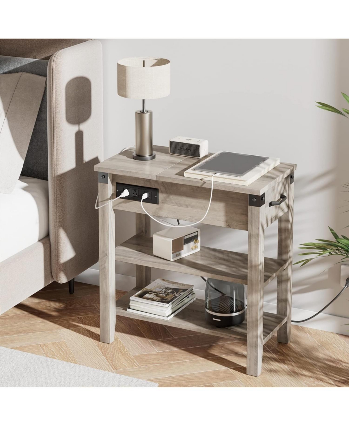 gaomon End Table with Usb Ports and Outlets, Flip Top Side Table Narrow Bedside Table with Drawer and Storage Shelves for Living Room