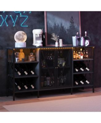 Farmhouse Wine Bar Cabinet with Wine Rack and Glass Holder Rustic Coffee Bar with Led Light Metal Sideboard and Liquor Table Cabinet