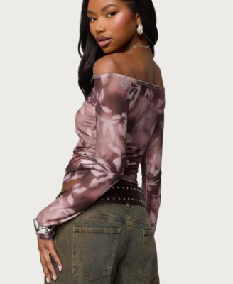 Women's Off Shoulder Printed Sheer Mesh Top