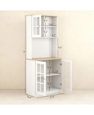 72" Kitchen Pantry Cabinet with Hutch, Glass Doors, Adjustable Shelves