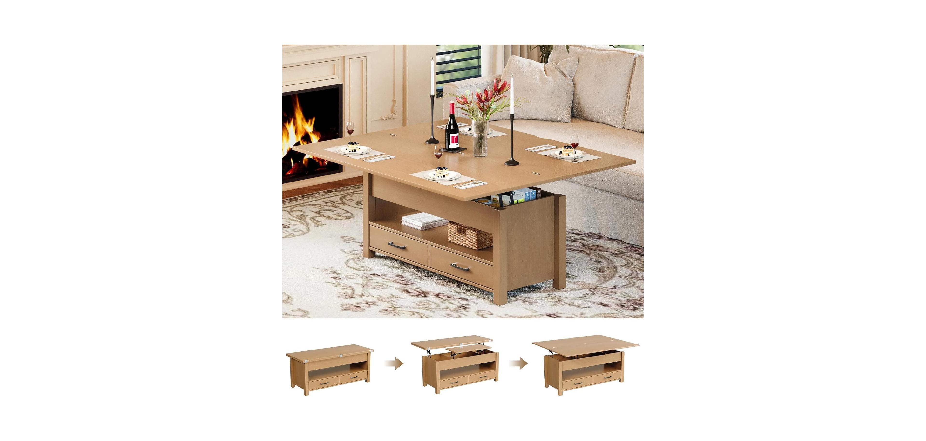 gaomon 40" Coffee Table Lift Top, Multi-Function Convertible with Drawers and Hidden Compartment, Converts to Dining for Living