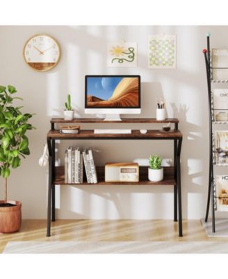 Small Space Computer Desk with Monitor Stand and Storage Shelf, Study Workstation
