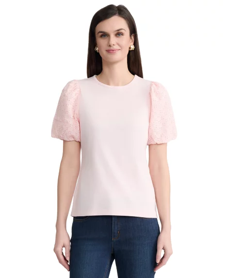 Petite Eyelet Sleeve Crewneck T-Shirt - Petal Pink