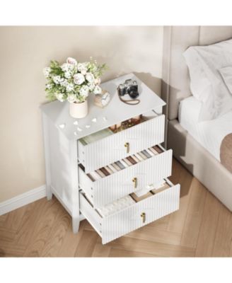 "28" wide modern 3 drawer dresser with metal handle—wood storage chest for bedroom or living room."