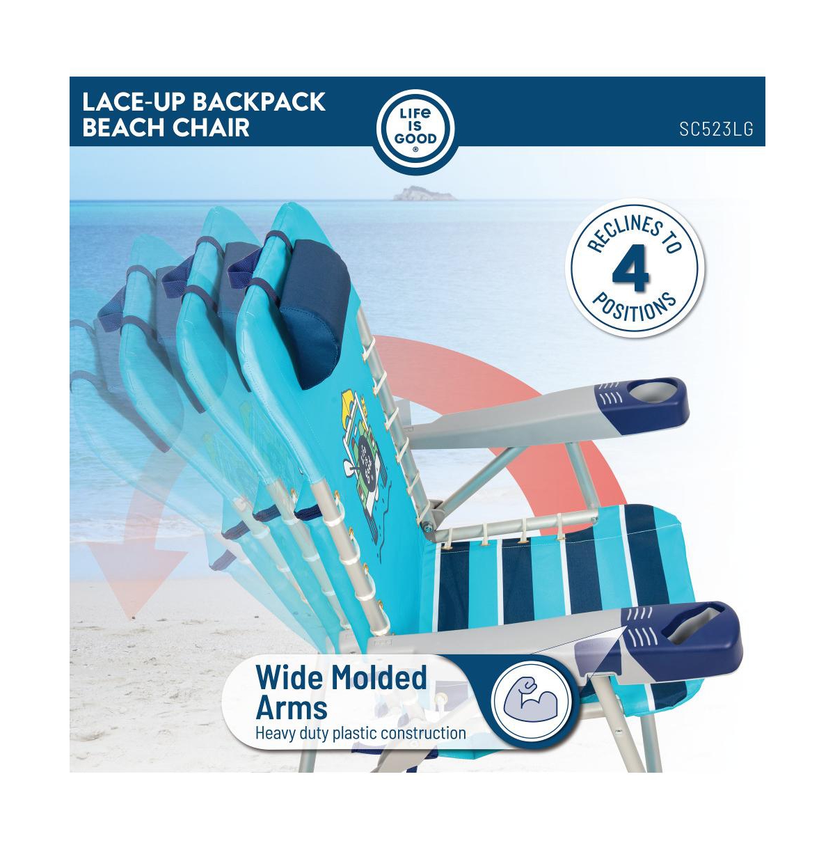 Life Is Good 4-Position Backpack Pillow And Cup Holder Beach Chair