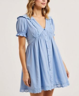 Women's Button-Front Lace-Trim Puff-Sleeve Mini Dress