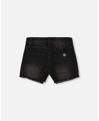 Big Girls Black Denim Shorts with Embroidery
