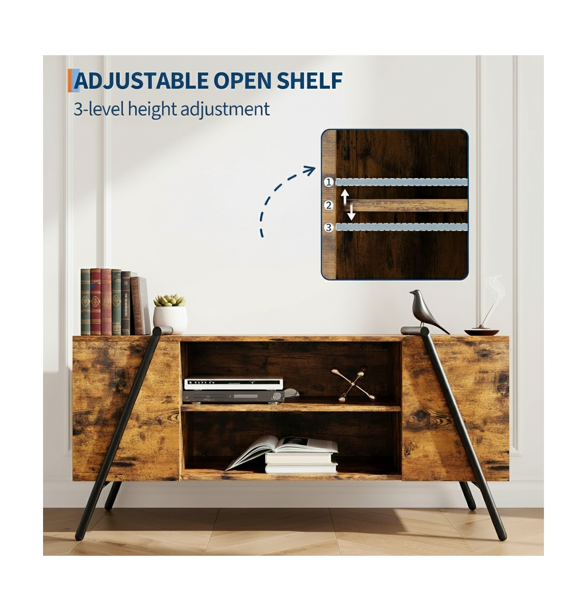 gaomon Tv Stand with Adjustable Open Shelves & Slanted Metal Legs, Modern Design