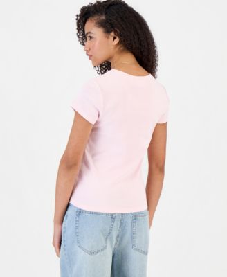 Juniors' Beaded Hibiscus Flower Short-Sleeve Tee