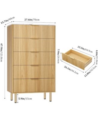 5-drawer dresser is a 47.9" tall wood piece with a fluted design and metal handles, designed as a functional chest of drawers