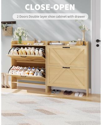 Shoe Cabinet Organizer with 2 Flip Drawers, Freestanding Narrow Shoe Rack for Entryway, Freestanding Hidden Shoe Storage Cabinet for Entryway