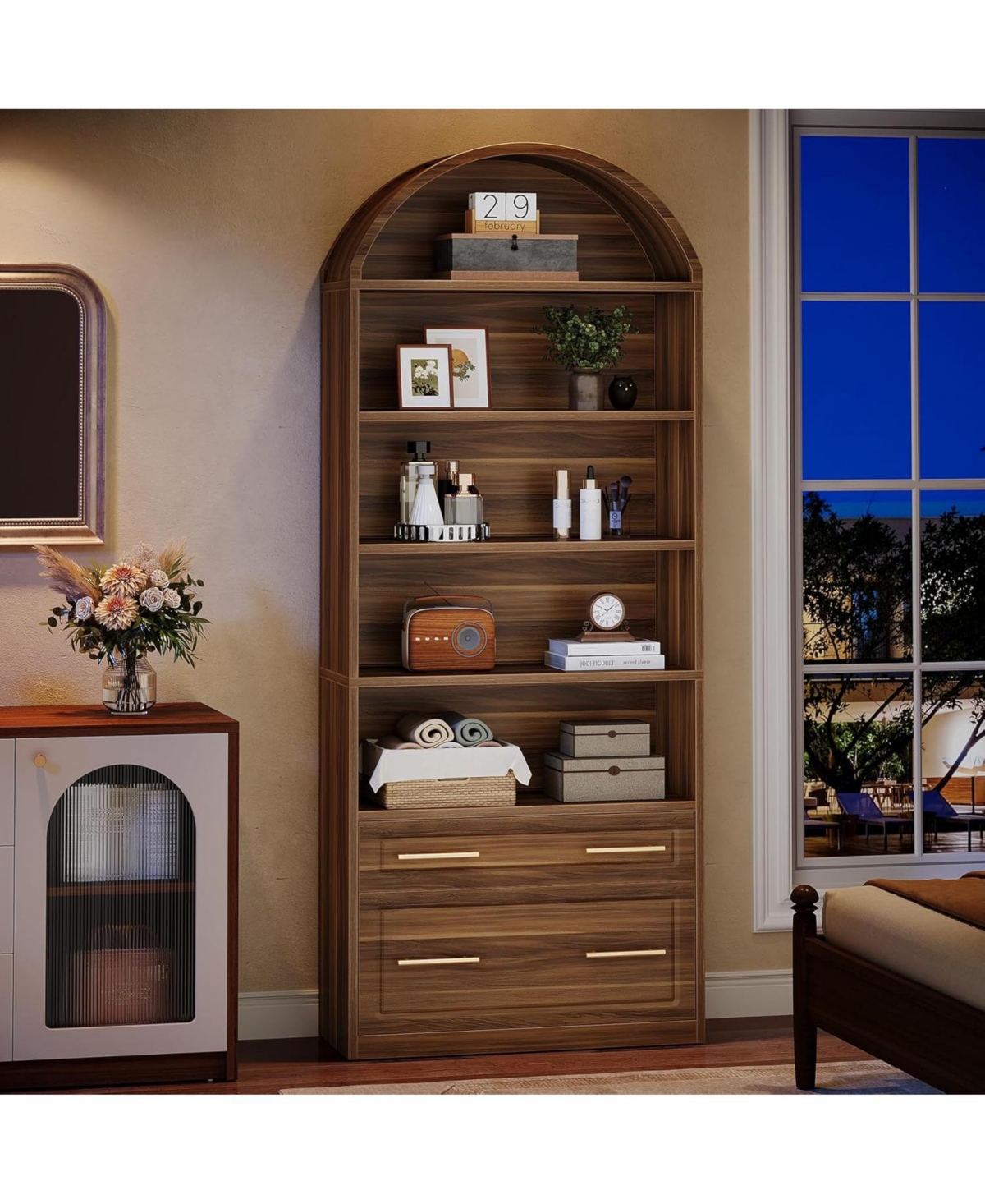 Tribesigns 76.8" Tall Arched Bookcase, 5-Tier Bookshelf with File Cabinet Drawer, Modern Freestanding Wooden Bookshelves, Open Display Storage Sh