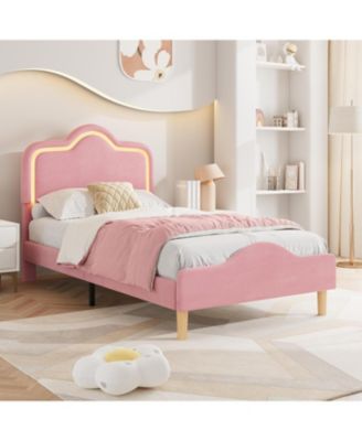Twin Size Bed Frame with Adjustable LED Headboard, Velvet Upholstered Princess Platform Bedframe with Footboard for Kids/Girls