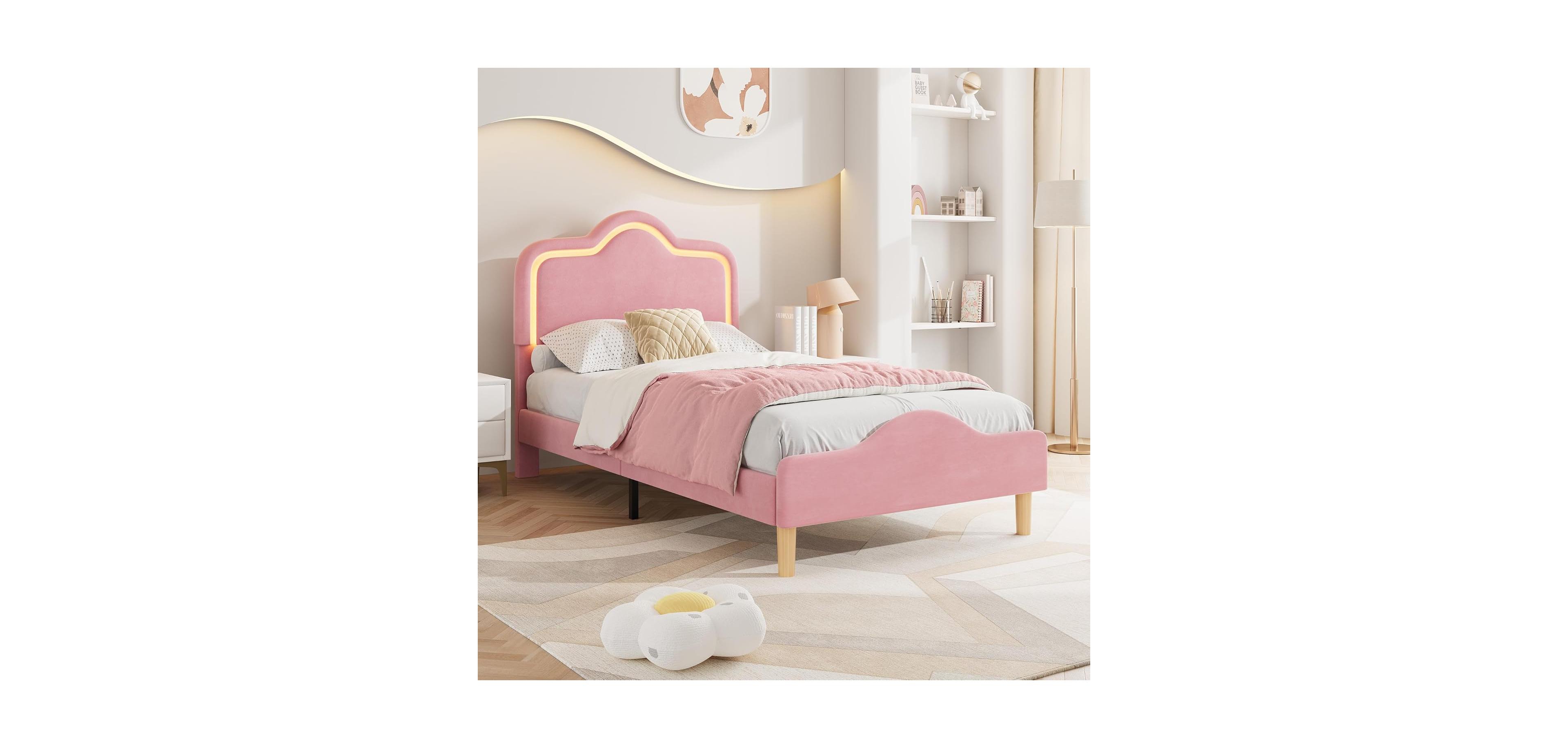Gaomon Twin Size Bed Frame with Adjustable Led Headboard, Velvet Upholstered Princess Platform Bedframe with Footboard for Kids/Girls