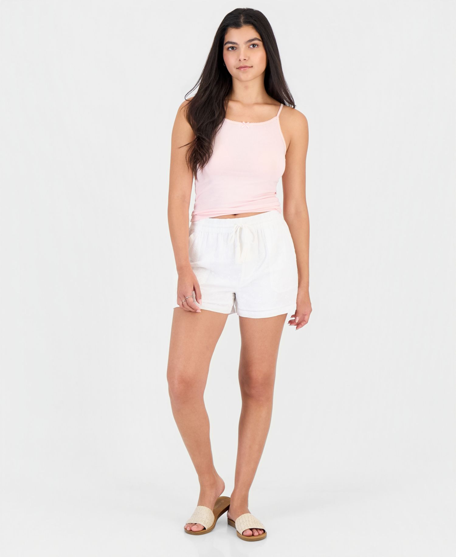 Juniors' Cotton Bow-Embroidered Drawstring Shorts