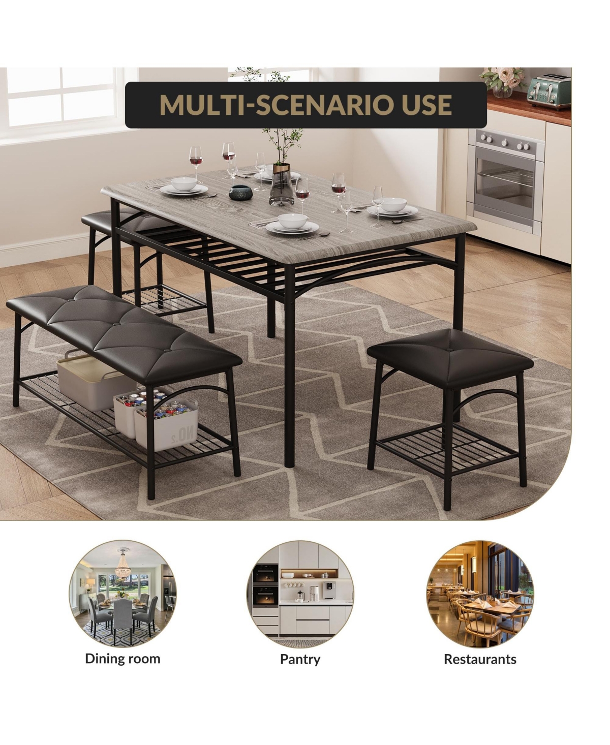 Gomon 4-Piece Dining Table Set with Upholstered Bench & 2 Stools, Storage Shelf, Space Saving Compact Kitchen