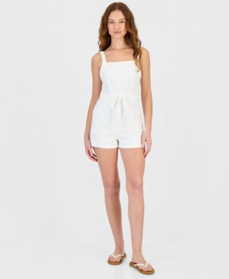 Juniors' Sleeveless Drawstring-Waist Denim Romper