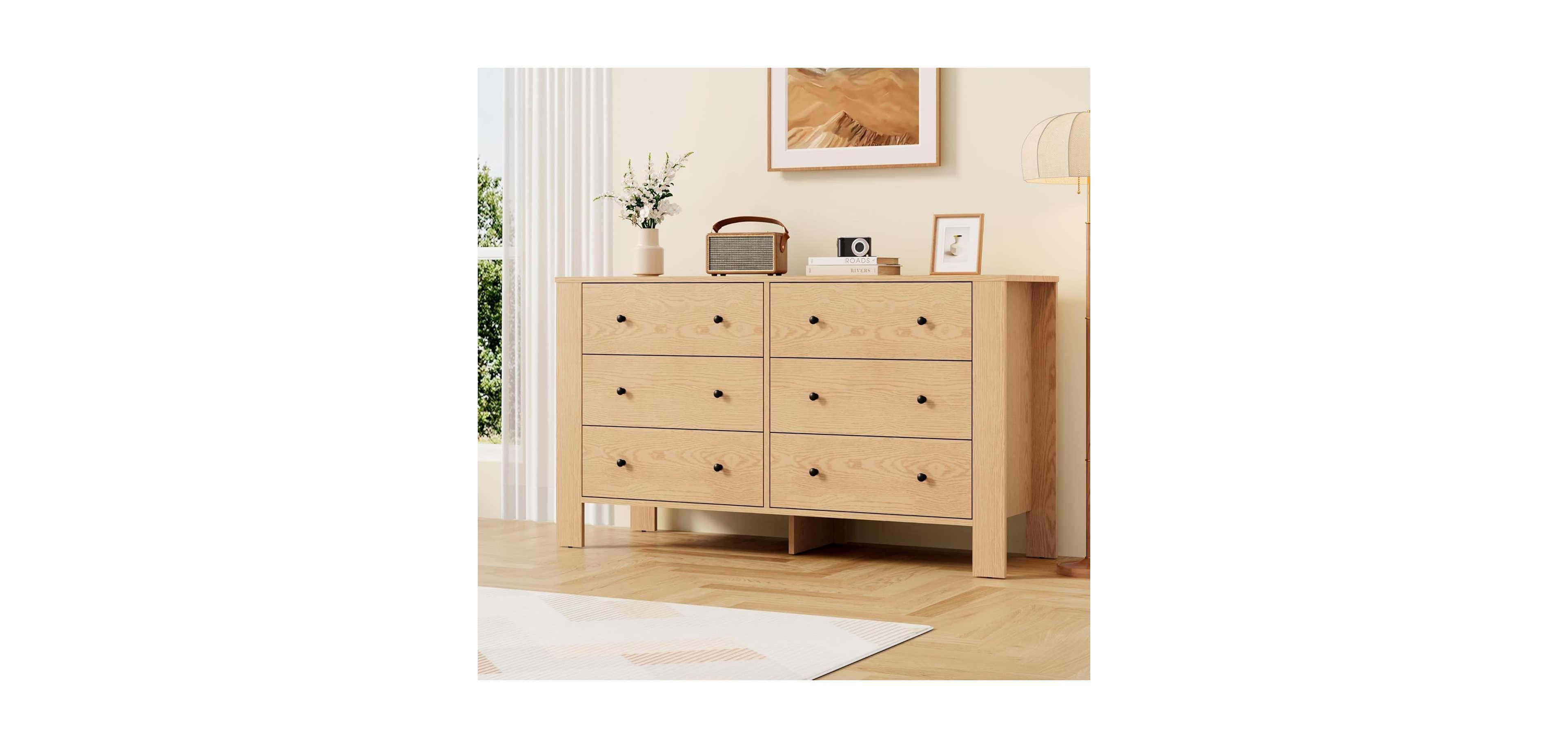 gaomon Natural Oak 6 Drawer Dresser for Bedroom, Modern Wide Dresser Organizer with Storage Drawers, Wooden Chests of Drawers for Bedroom