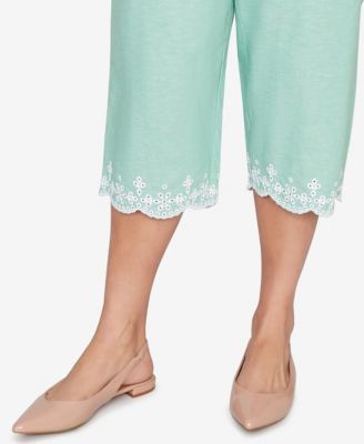 Plus Size Caribbean Blues Eyelet Embroidered Cuff Capri Pants