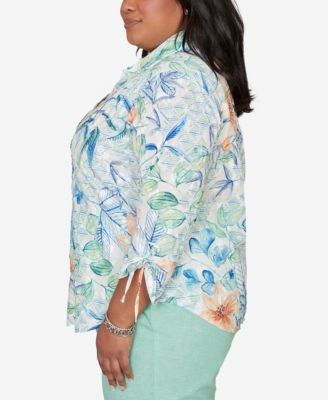 Plus Size Caribbean Blues Tropical Flower Eyelet Tie-Sleeve Top