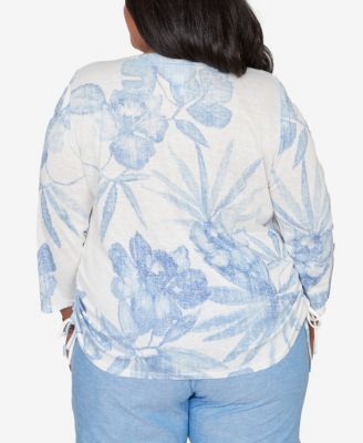 Plus Size Caribbean Blues Monotone Dramatic Floral Tropical Top