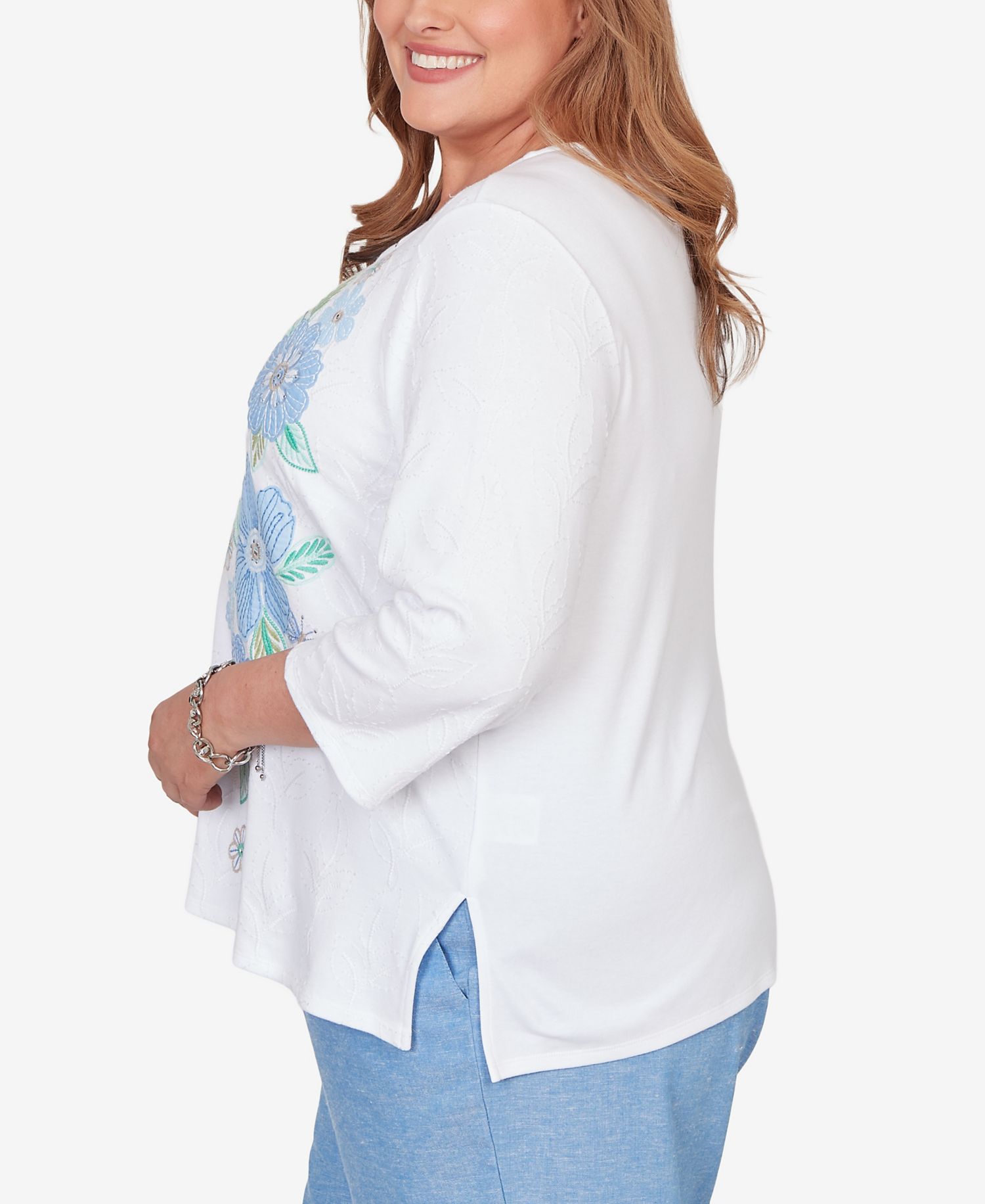 Plus Size Caribbean Blues Embroidered Dragonfly Floral Top