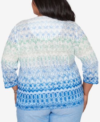Plus Size Caribbean Blues Ombre Biadere Split Neck Top