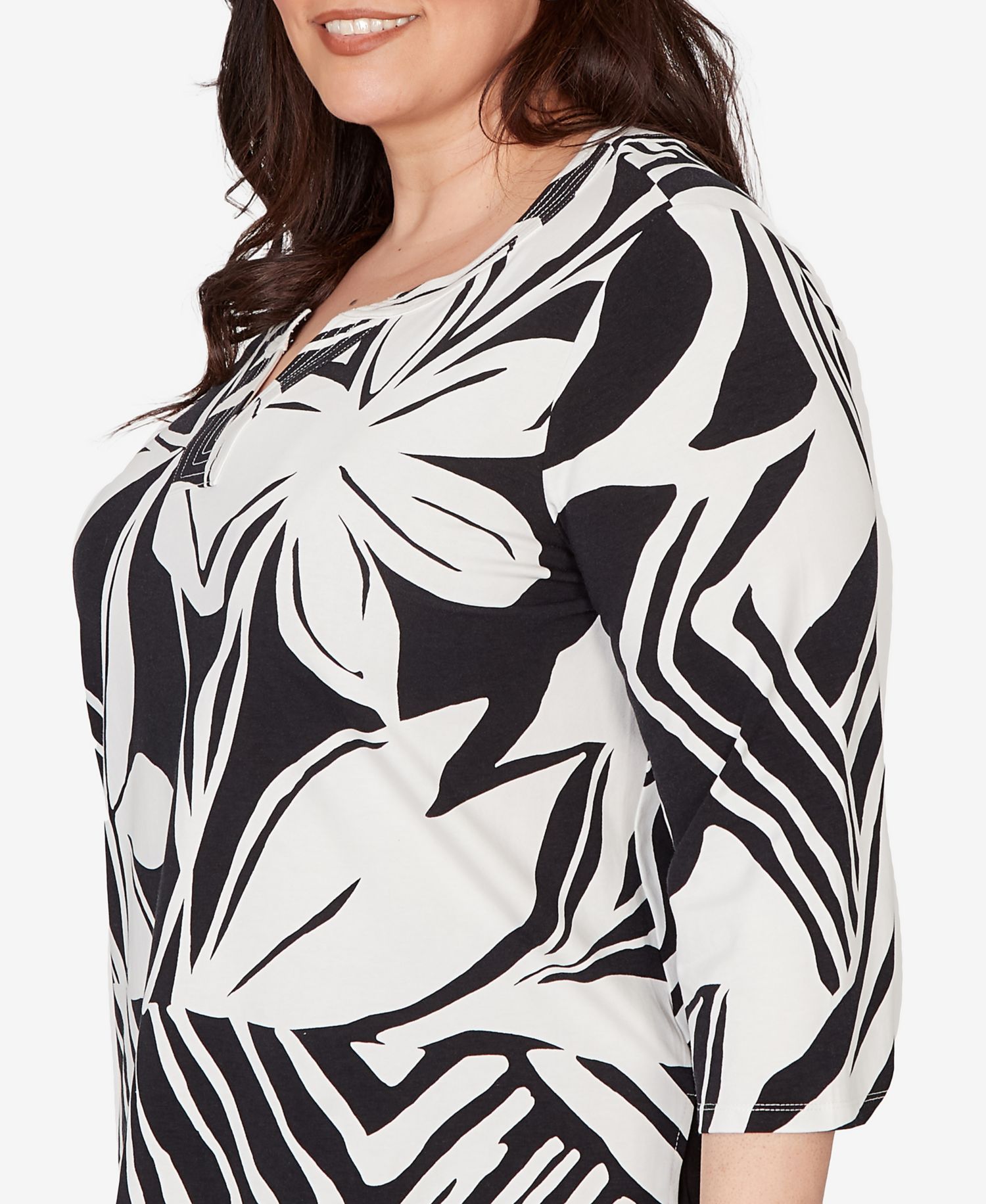 Plus Size Crowd Pleaser Dramatic Abstract Floral Split Neck Top