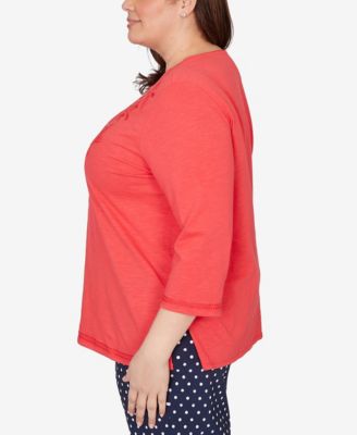 Plus Size Port Side Tonal Embroidered Split Neck Top