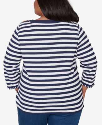 Plus Size Port Side Pique Stripe Button Detail Top