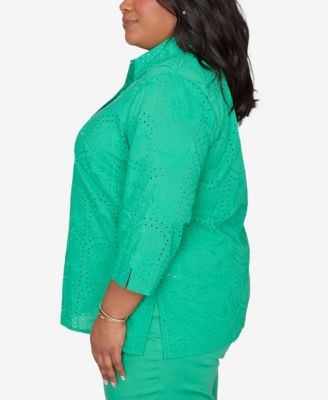 Plus Size Resort Living Eyelet Palm Tree Button-Front Top