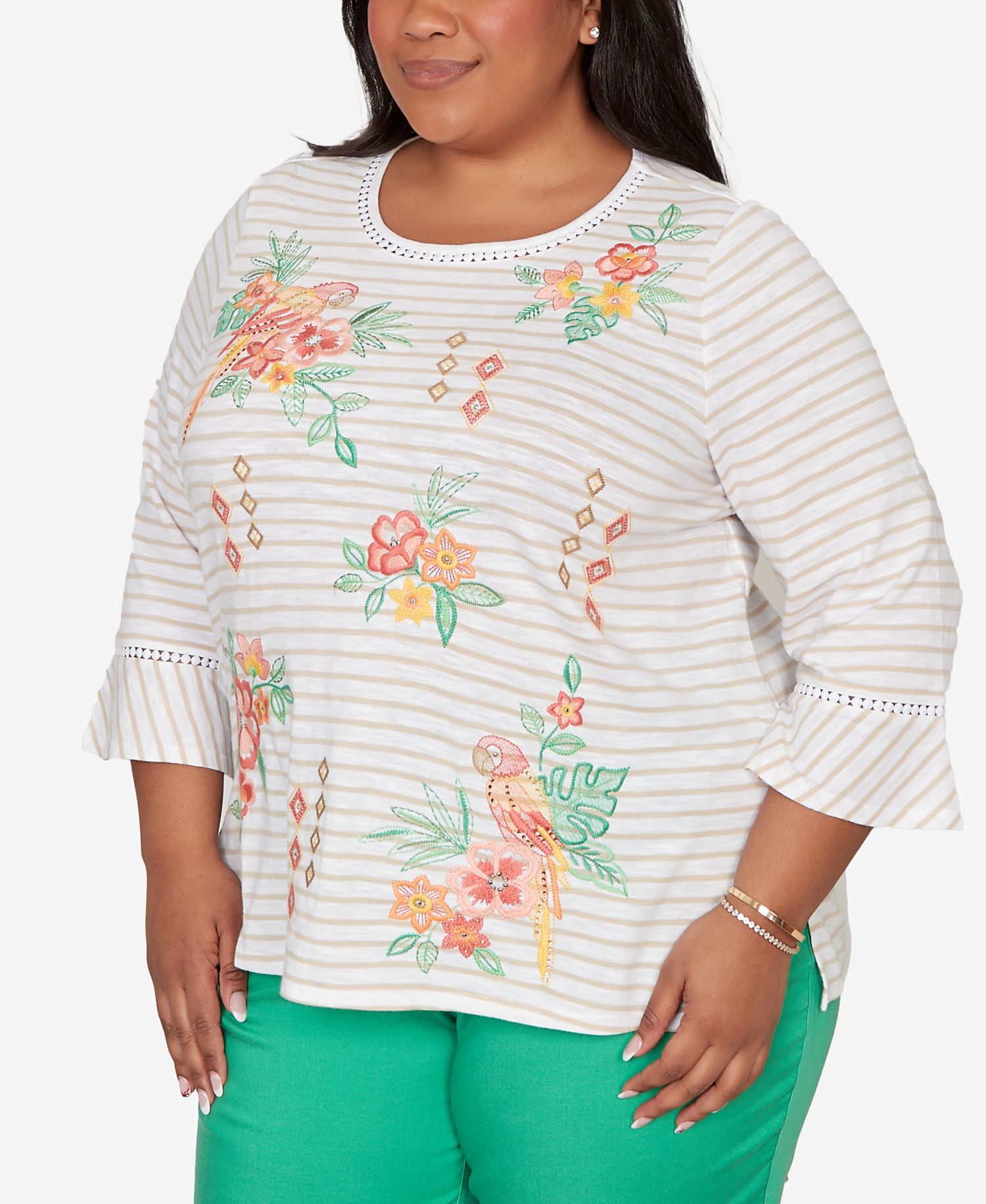 Plus Size Resort Living Parrot Stripe Embroidered Top