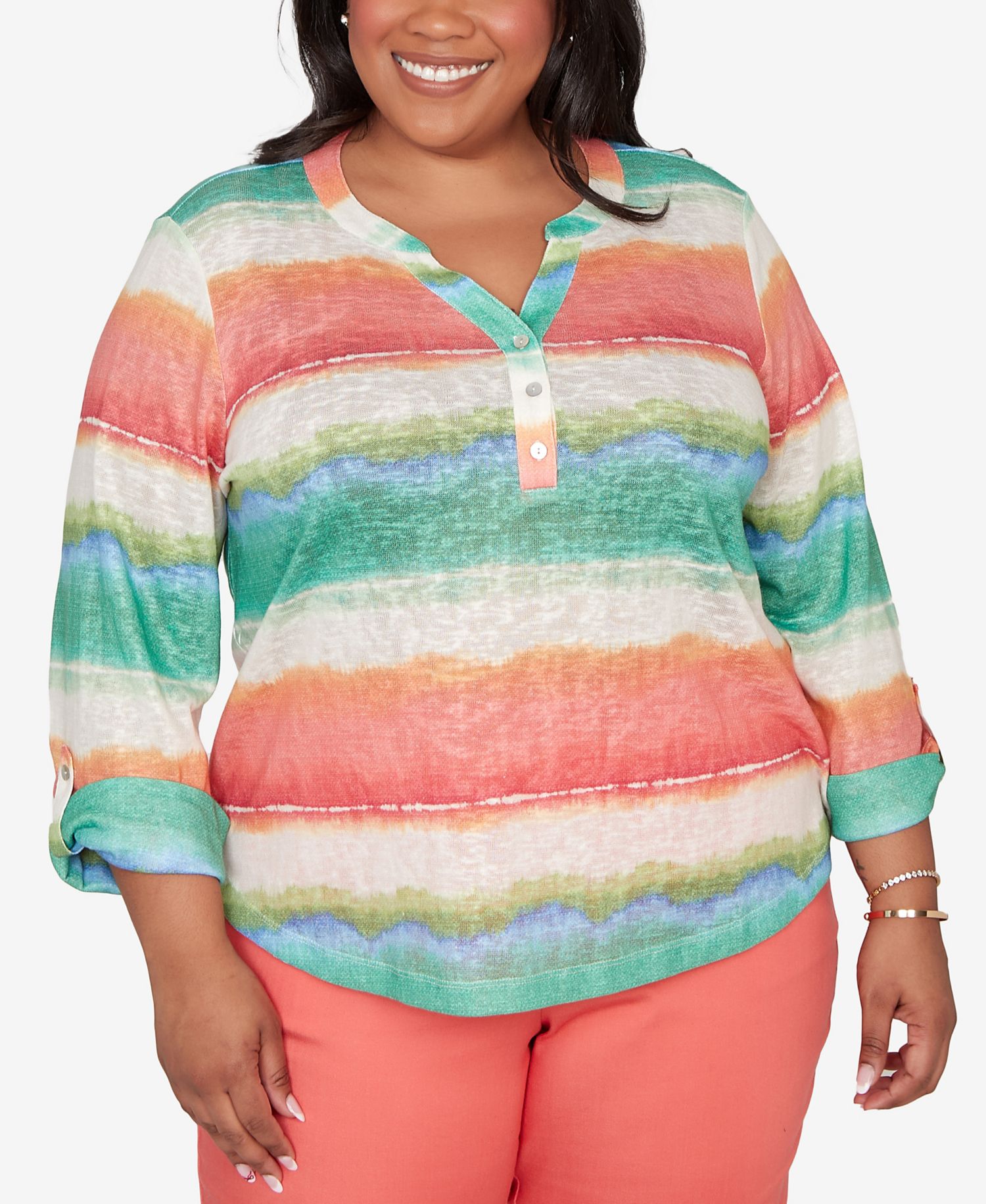 Plus Size Resort Living Biadere Tie Dye Stripe Henley Top