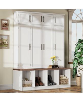 Farmhouse Hall Tree Walnut Seating Bench with 4 Hanging Hooks for Living Room